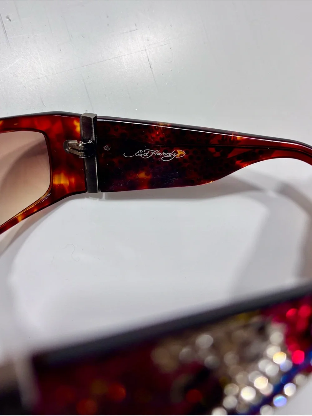Vintage y2k Ed Hardy EHS-004 Sunglasses with Black Floral Embroidered Case